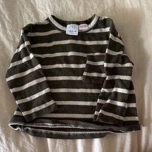 Zara Kids Olive and White Striped Long Sleeve Tee